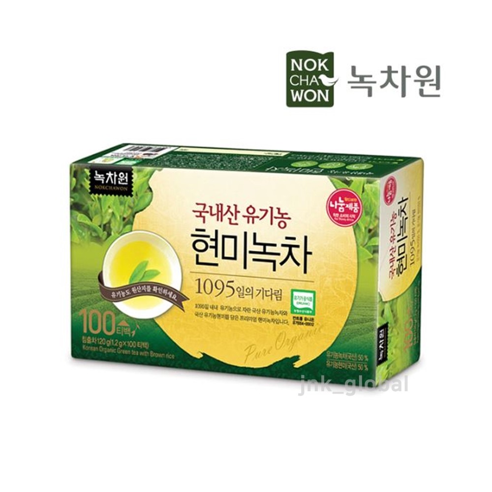 Nokchawon Korean Organic Green Tea with Brown rice 100 Tea bags (1 Box) + Track