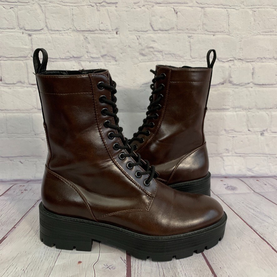 Zara Womens Brown Lace Up Platform Ankle Boots Size US EU 37 Combat  Biker