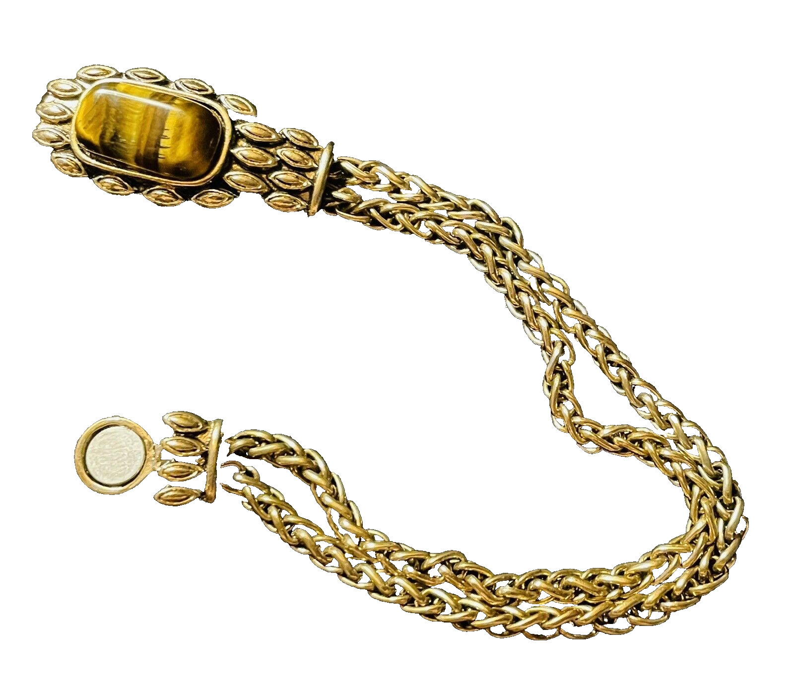 Tiger Eye Rectangular Stone Double Chain Gold Ton… - image 2