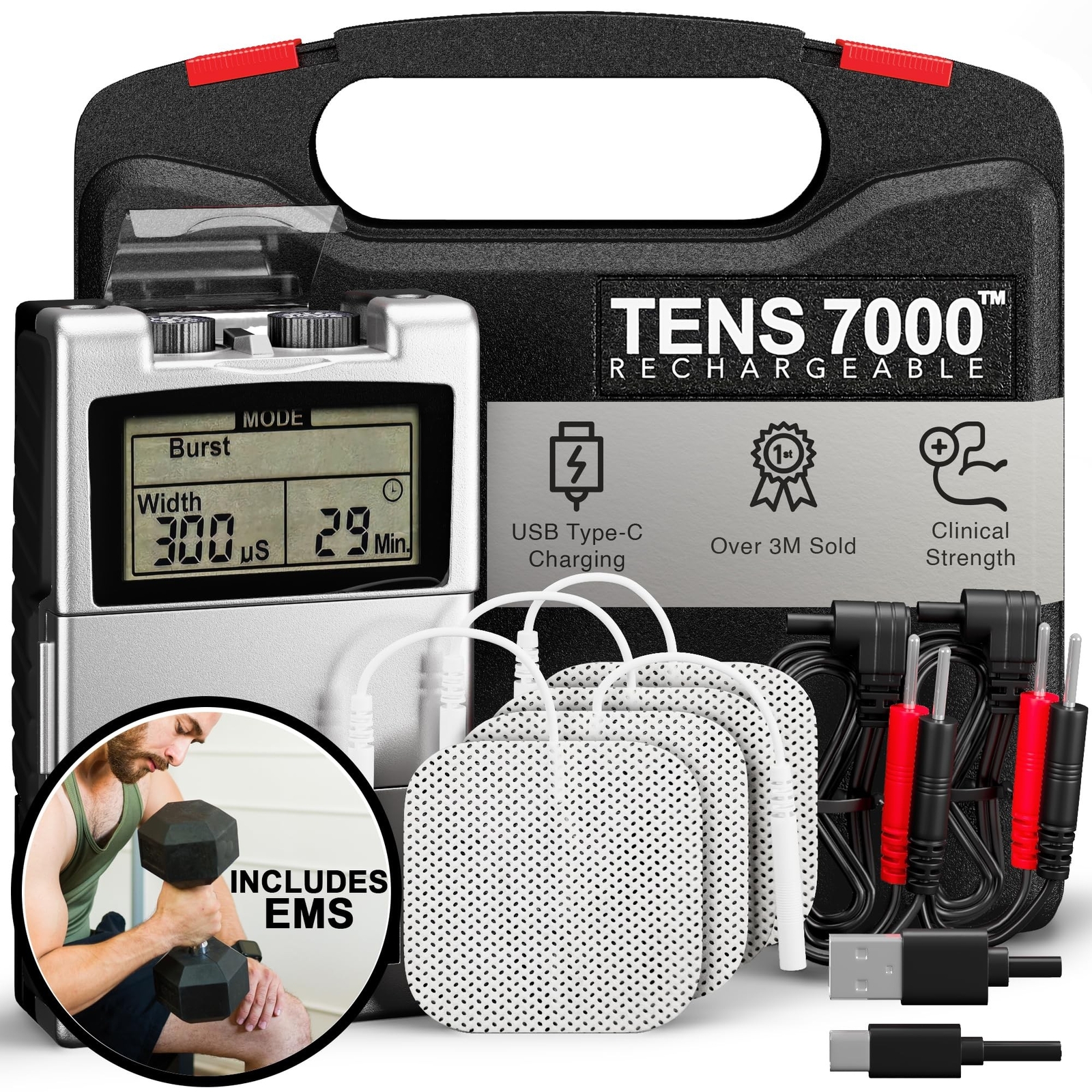 TENS 7000 Rechargeable Tens Unit Muscle Stimulator, EMS Muscle Stimulator, Ba...