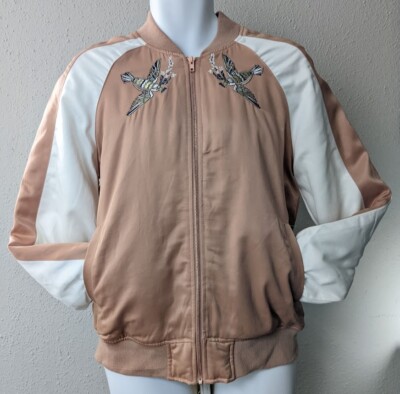 Kendall & Kylie Womens Bomber Jacket Freedom And Birds Satin Zip NEW