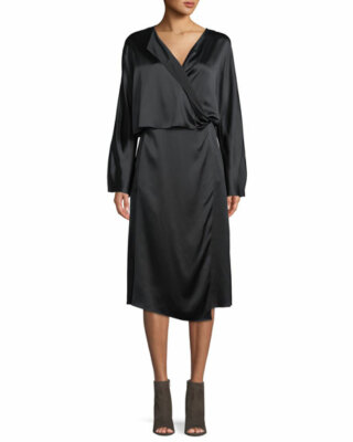 Vince Draped Silk Panel Midi Dress, Black, Women's, S