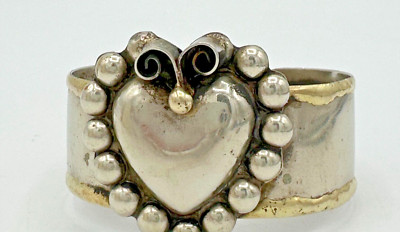 Artisian Crafted Mixed Metal Bracelet - Heart - Swirl -  Cuff Style - Tarnish