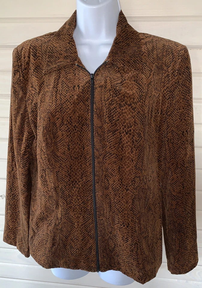 Vtg Joseph Ribkoff Sz 10 Brown Snake Print Velvet Jacket Full Zip Union Made EUC - Image 2 of 4