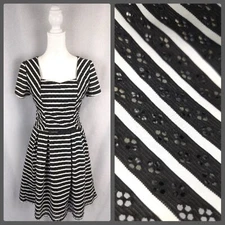 Alya Dress Womens Small Black White Stripe Eyelet Pleated Mini Fit & Flare