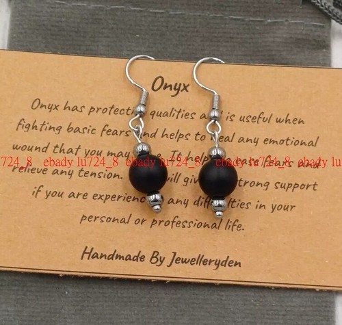 Handmade Matt Onyx Crystal Healing Gemstone Chakra 8mm Bead Hook Earrings - Picture 10 of 12