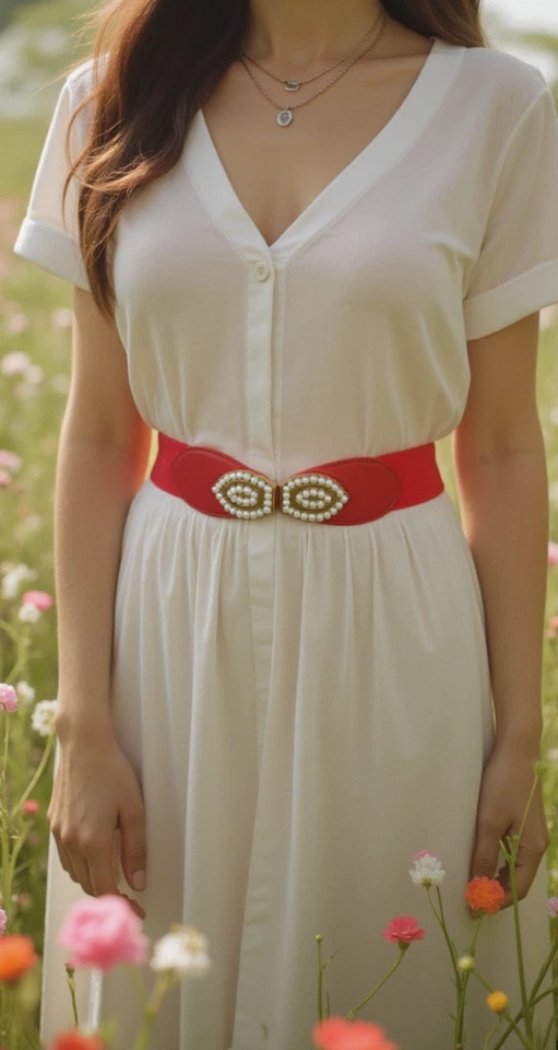 Mujeres Cinturón Color Coral Cintura Alta Cadera Dorado Metal Hebilla Ojo Perla Cuentas Talla S M Foto 3 de 4