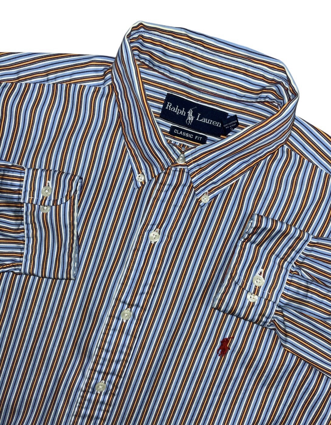 Camicia Ralph Lauren con bottoni; uomo grande; righe arcobaleno; colorata; logo pony