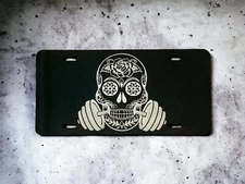 Skull, Weightlifting design!  Laser Engraved Front License Plate.