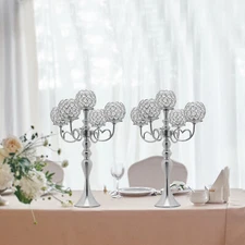 21.5 Inch Tall Silver 2 Pack 5 Arm Crystal Party Candelabra Centerpieces 