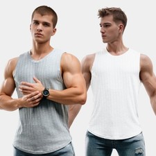 2 PACKS Summer Gym Muscle Men's Sleeveless T-Shirt Tank Top White