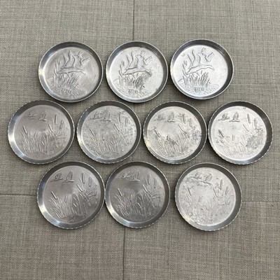 Vintage Pewter Duck Coasters - Set Of 10 - Ducks Flying Wildlife Drink Coasters