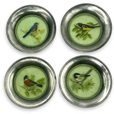 Lot 4 MCM STIEFF Pewter Fiberglass Songbird Drink Coasters Translucent Green