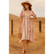Reformation Savannah Stripe Linen Midi Wrap Dress Red White XS Cottagecore