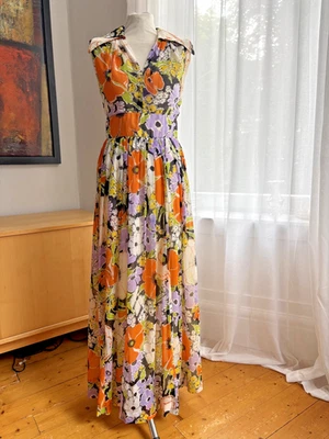 Robe longue maxi vintage années 70 superposition maille fleurie orange et violet - Photo 1/4