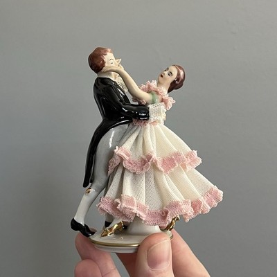 Alka Kunst Dresden Waltzing Couple Porcelain Lace Figurine Western Germany 4 