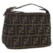 FENDI Zucca Canvas Hand Pouch Black Brown Auth 174530