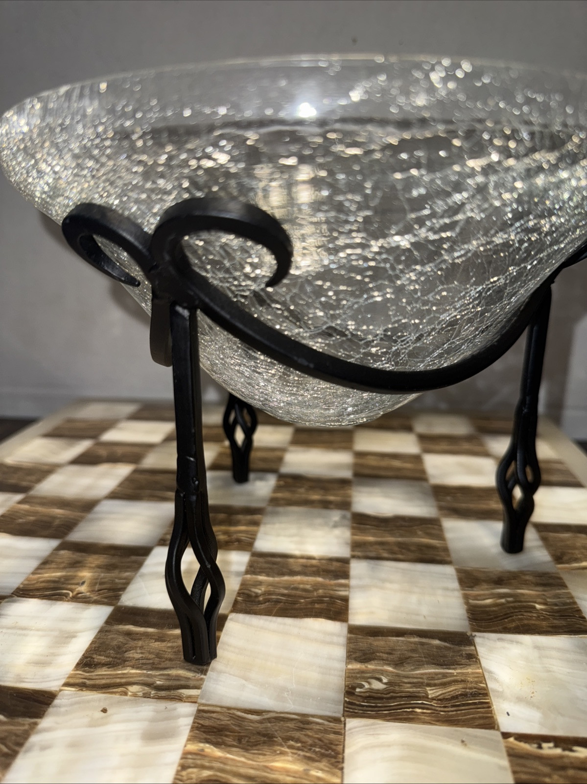 VTG Crackled Glass, Potpourri, Candle Holder Twisted Iron MCM Design 8”x6”