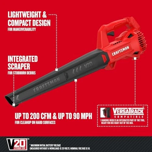SOPLADOR DE HOJAS INALÁMBRICO CRAFTSMAN V20, SUPERFICIE DURA, HERRAMIENTA DESNUDA, CMCBL710B - ROJO Foto 3 de 4
