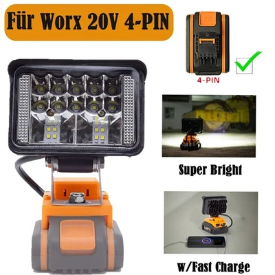 DEMKMILRI Schnurlose LED-Arbeitsleuchte für Worx 20V 4-PIN Akku Außenlampe w/USB Kabellose