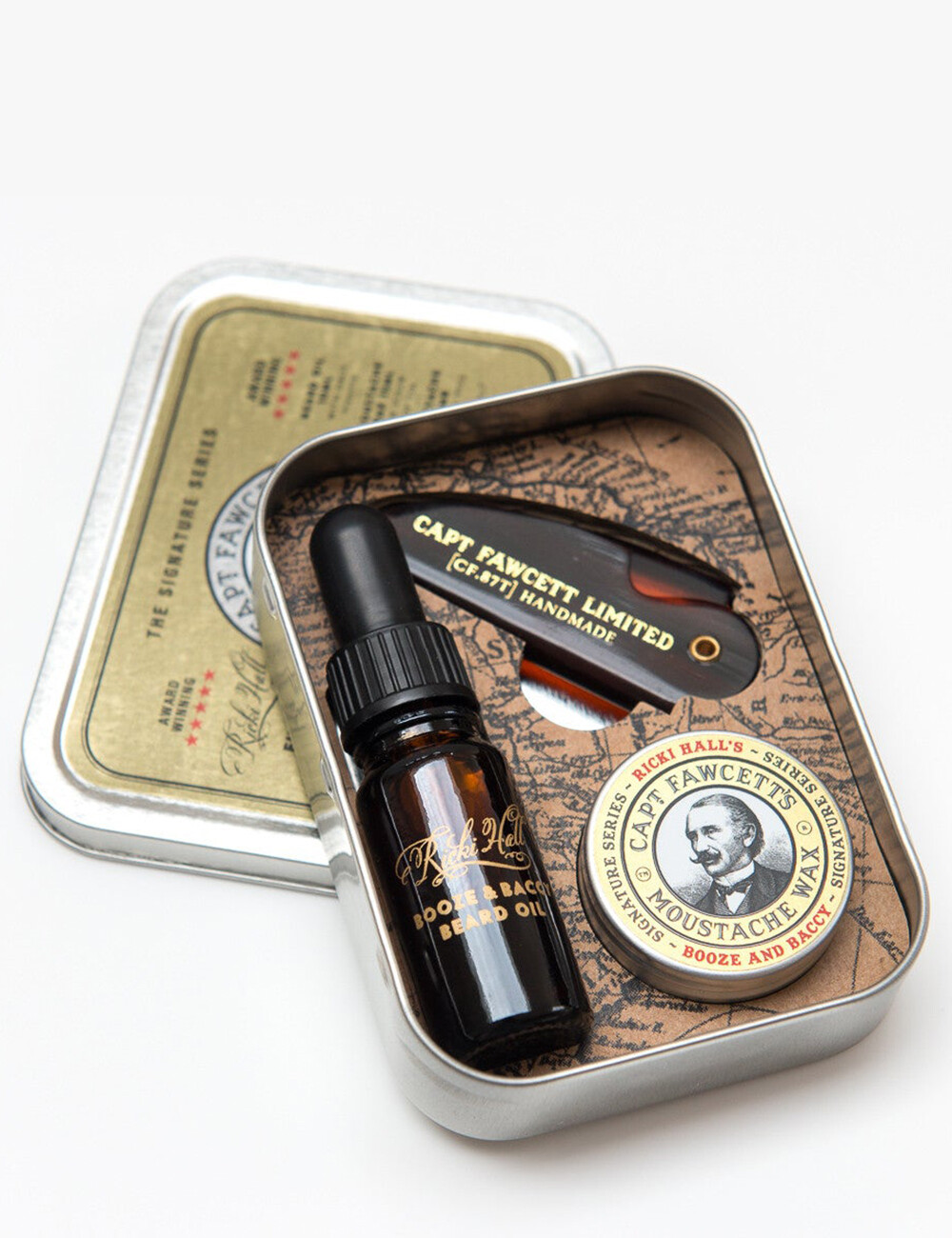 Captain Fawcett Ricki Hall Booze & Baccy Beard Oil Moustache Wax Survival Kit