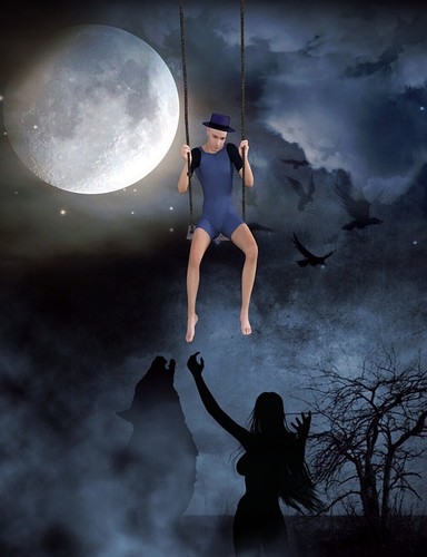 Perfect 24x36 Oil Painting Man Swing In The Air Angel Monster Moon No754 Ebay