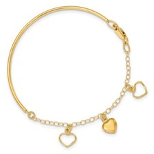 14k Yellow Gold Polished Dangle Heart Chain Bracelet 7" Bangle for Women 2.51g