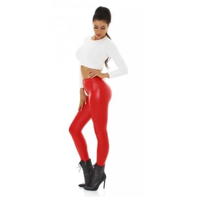Damen Thermo Highwaist Leggings in Wetlook mit Zipper Rot 34/36/38 #H2270 - Bild 1 von 4