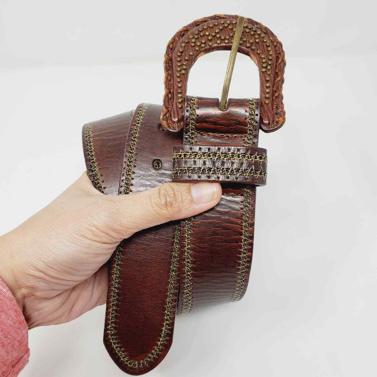 ✨ Another Line Inc Wide Studded Leather Belt M Brown Boho Western Another Line Inc Leather Brown Wide Studded Buckle Boho  main image 3