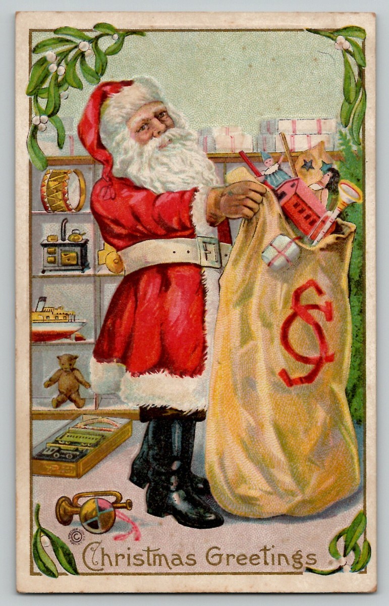 1910's Vintage Santa Claus w Toy Bag Stecher 227 A Embossed