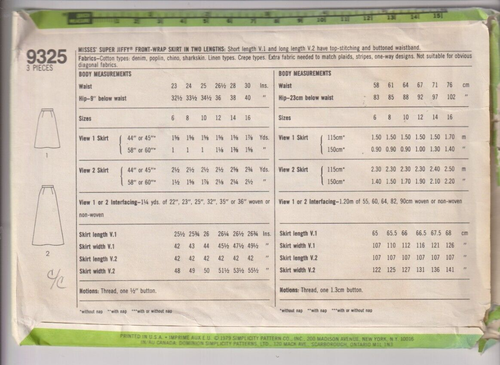 9325 SIMPLICITY c.1979 Jiffy - Wickelrock vorne in 2 Längen - Größe 14 W 28" - Bild 2 von 2