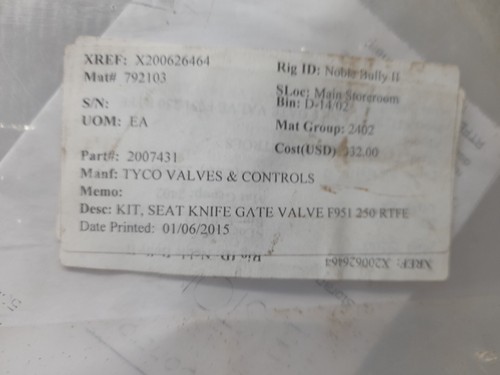 Tyco 2007431 Seat Knife Gate Valve Kit F951 250 RTFE - Picture 3 of 3