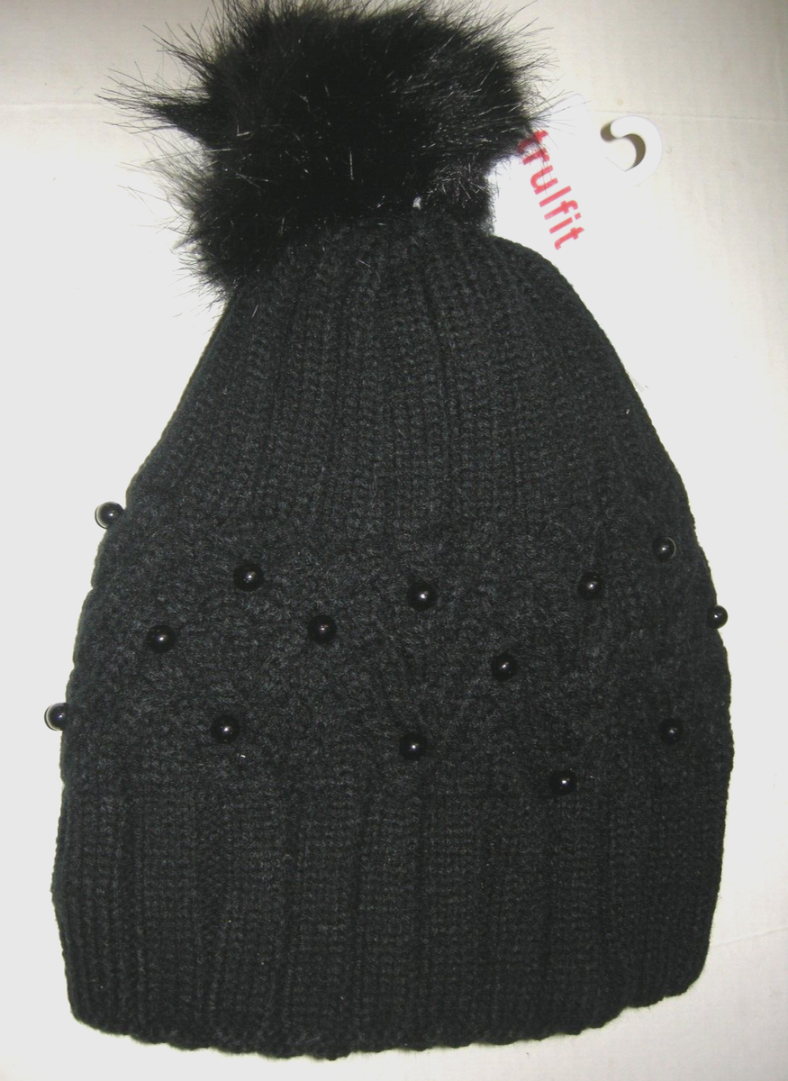 Ladies Knit Pom Hat By Tru Fit W/Fur Lining & Bead Accents  display picture 2
