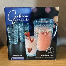 Gibson Home Plastic Pitcher Set 5 Pieces Blue Tumbler Cups And Pitcher