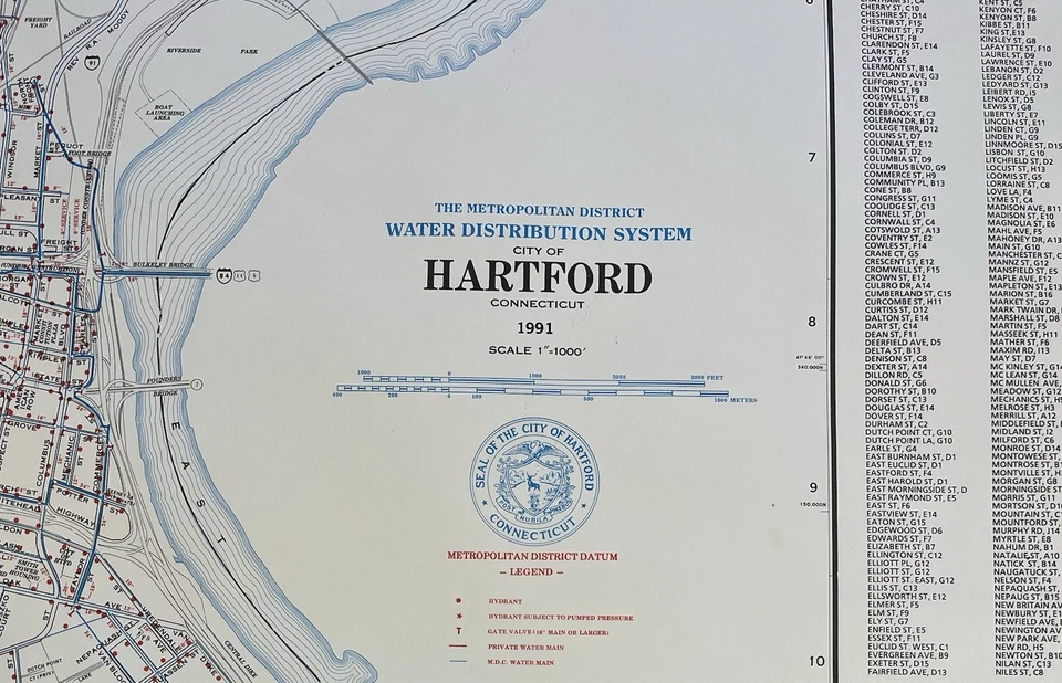 Mapa del sistema de distribución de agua MDC vintage 1991 de Hartford, Connecticut Foto 2 de 4