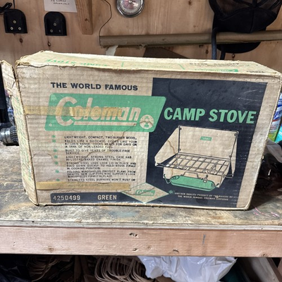 #ad #ad Vintage Coleman USA 2 Burner Camp Stove Model 425D W Tank Green New Old Stock $125.00
