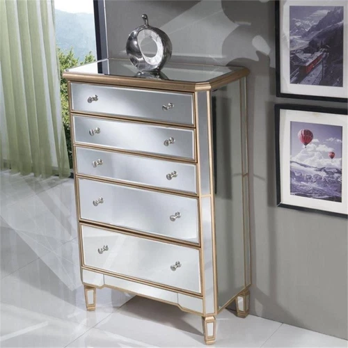 Elegant Decor Contempo 5 Drawer Mirrored Chest in Hand Rubbed Antique Gold - Picture 2 of 4