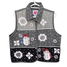 Vintage Ugly Sweater Snowman Snowflake Gray Vest Women Size Medium Wool Cotton