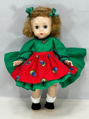 VINTAGE Madame Alexander-kins Doll in Green Taffeta Dress with Red Floral Apron