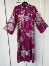 Natori Zip Caftan Fuchsia Satin Floral Asian Print Long Dress Small Kaftan Boho