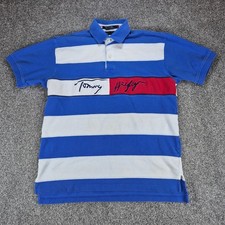 Vintage Tommy Hilfiger Polo Shirt Mens Large Blue White Striped Script Logo Y2K