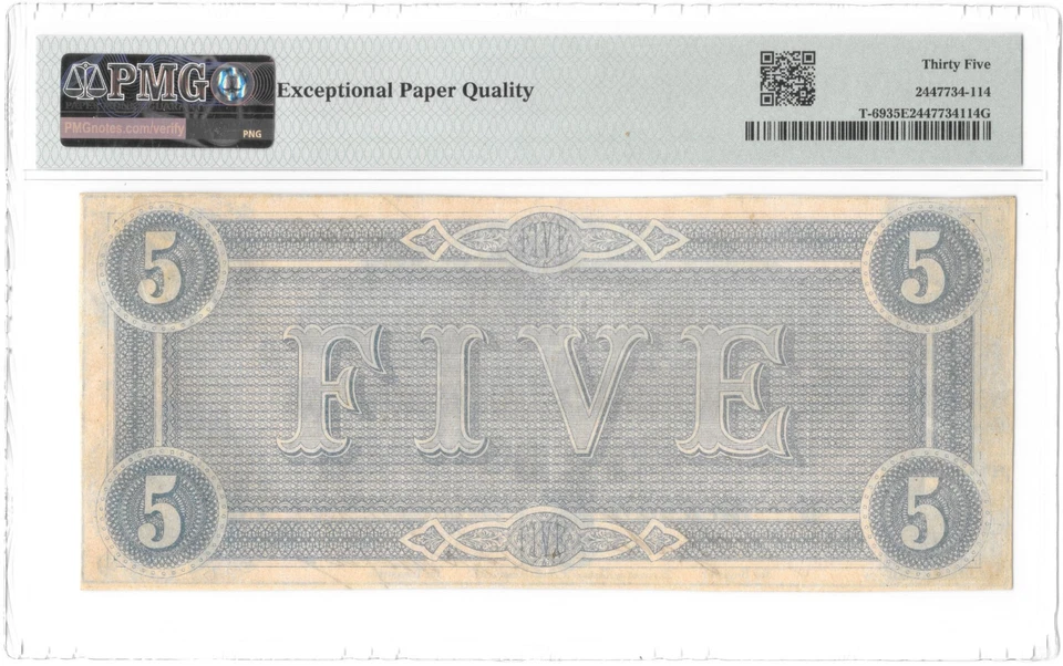 T-69 1864 $5 Confederate Looks UNC Bright Bold Color  PMG EF35 EPQ Crisp Note ! - Image 3 of 4