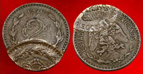 1927 MEXICO 2 CENTAVOS COIN MONOGRAM  COPPER TWO STRUCK  ERROR