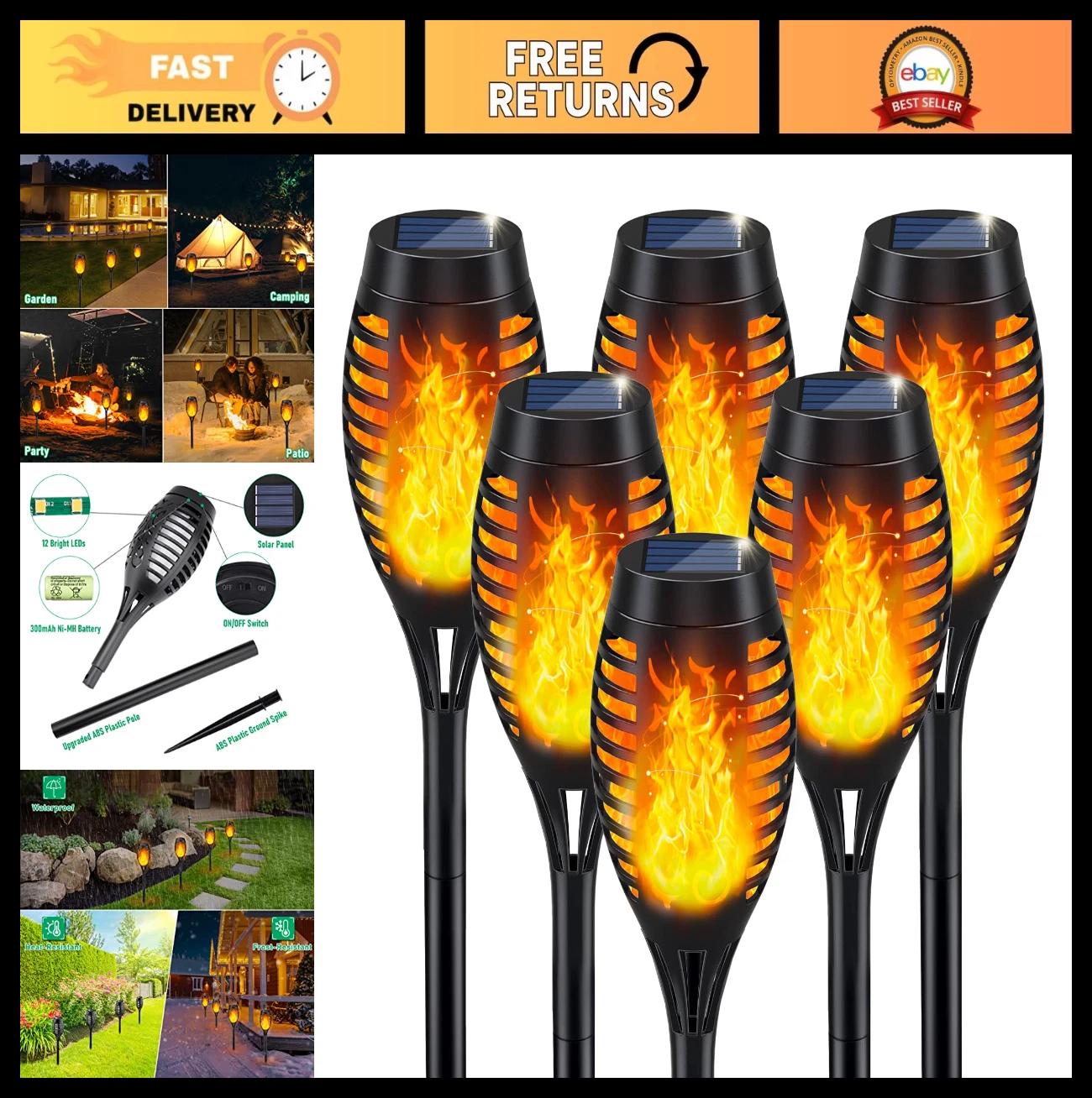 Solar Torch Lights with Flickering Flame - Waterproof Outdoor Garden Decor, Path