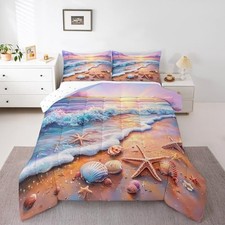 Beach Bedding Set Size for Kids Teens Adults Colorful Shell King Blue Purple