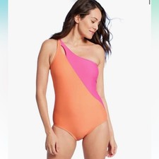 Lands' End Coverage Tummy Control One Shoulder One Piece Swimsuit Pink Orange M