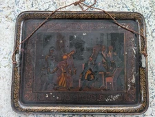 19th ct French Antique Metal Toleware Tray Hand Painted Napoleon, Hanging Rope