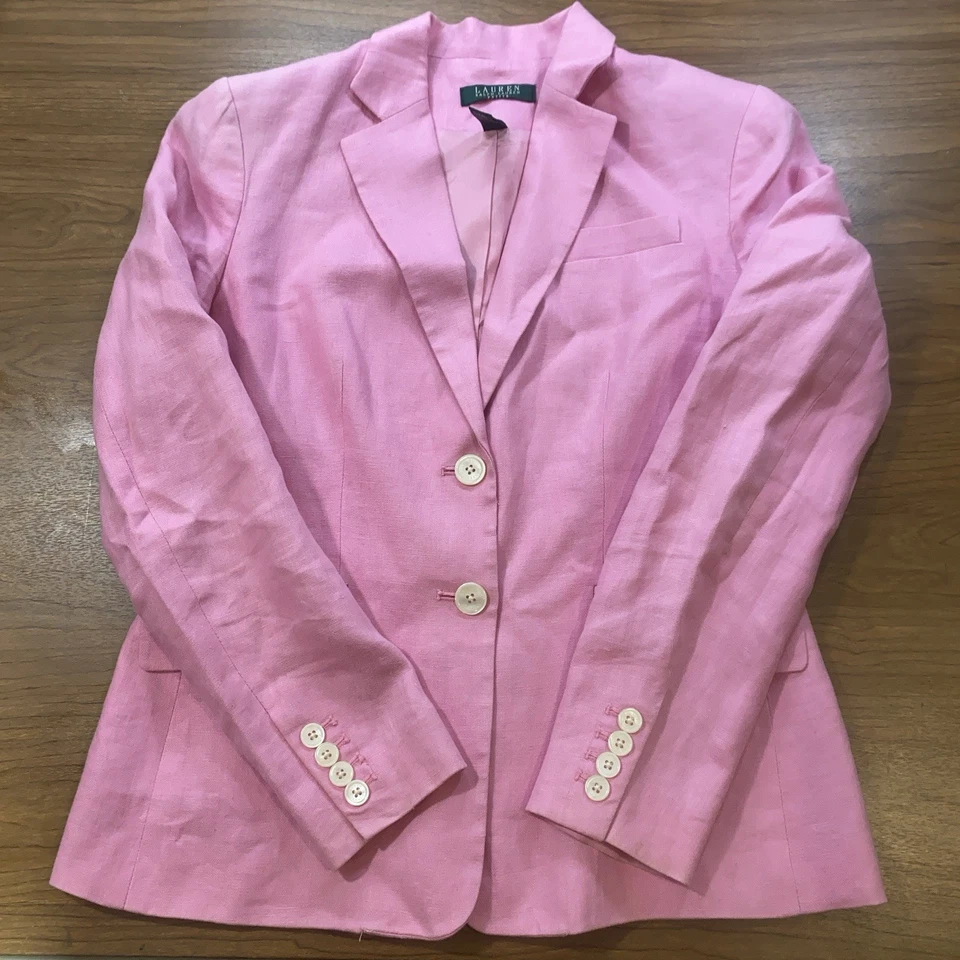 Lauren Ralph Lauren Petite 亚麻西装外套 6P 粉红色定制夹克春季 — 第 2/4 张图片