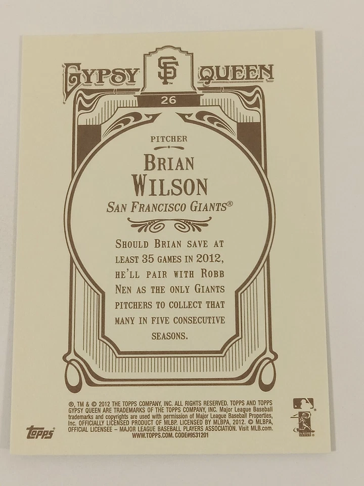2012 Topps Gypsy Queen #26 Brian Wilson San Francisco Giants - Image 2 of 2