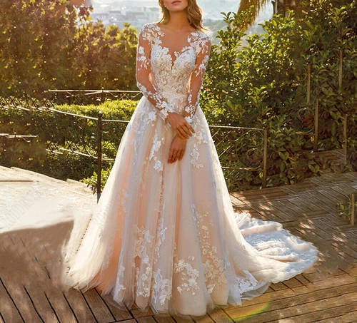 Plus Size A-Line Wedding Dresses V-Neck Long Sleeves Lace Appliques Bridal Gowns - Picture 3 of 8